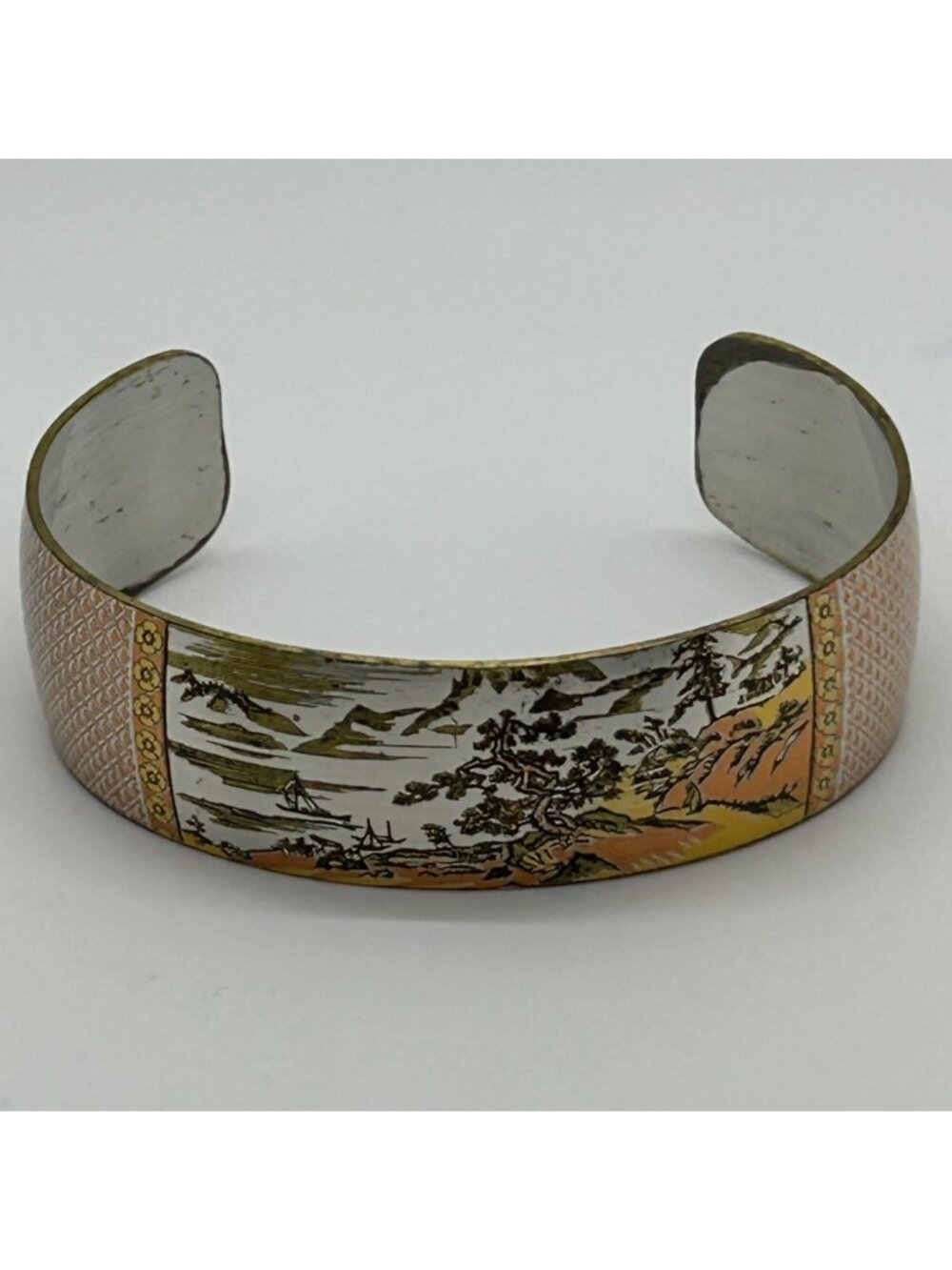 Reed Barton Damascene Cuff Bracelet Vintage Asian Landscape Mix Metal Tone